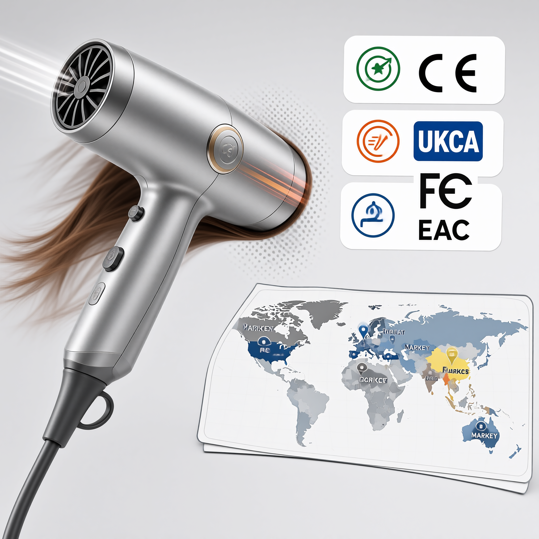국가별 헤어드라이어 인증 요구사항 (EU CE, 영국 UKCA, 미국 FCC/ETL, 러시아 EAC) — 수입업체를 위한 실무 준수 가이드 (2026)
